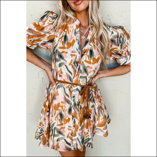 Brown Abstract Puff Sleeve Mini Dress: Confidence! 🤩 Needful Things - s - Short Dresses on Sale Worldwide Shipping