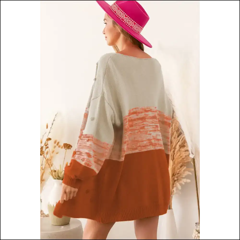 Brown Color Block Pompom Cardi: Spill Tea! Cardigans on Sale Worldwide Shipping