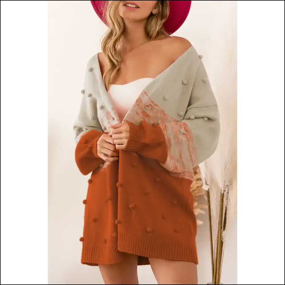 Brown Color Block Pompom Cardi: Spill Tea! s - Cardigans on Sale Worldwide Shipping