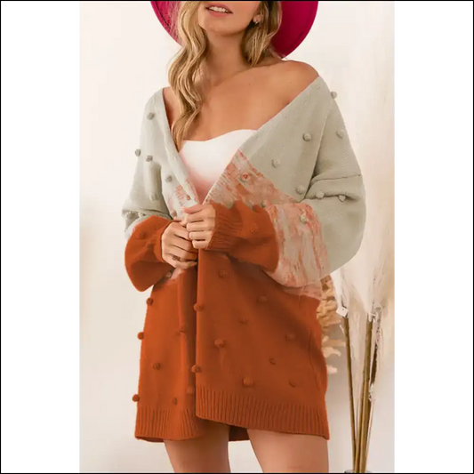 Brown Color Block Pompom Cardi: Spill Tea! s - Cardigans on Sale Worldwide Shipping