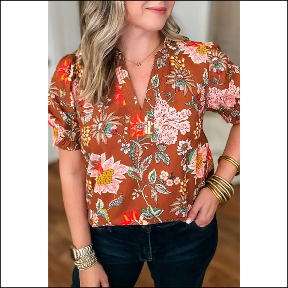 Brown Floral Puff Sleeve Blouse: Finally a Top that Fits! 🌻 - 1x - Plus Size Tops on Sale Worldwide Shipping