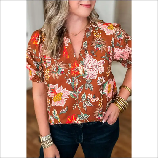 Brown Floral Puff Sleeve Blouse: Finally a Top that Fits! 🌻 - 1x - Plus Size Tops on Sale Worldwide Shipping