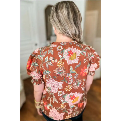 Brown Floral Puff Sleeve Blouse: Finally a Top that Fits! 🌻 - Plus Size Tops on Sale Worldwide Shipping
