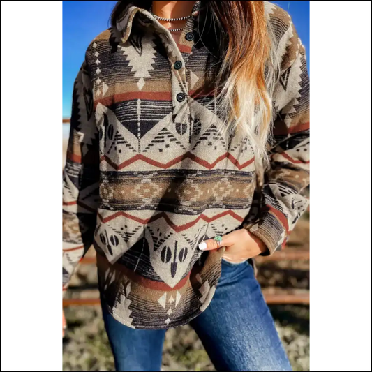 Brown Geometric Print Henley: Hug Dealer at Needful Things 🧸 - s - Sweatshirts & Hoodies on Sale Worldwide Shipping