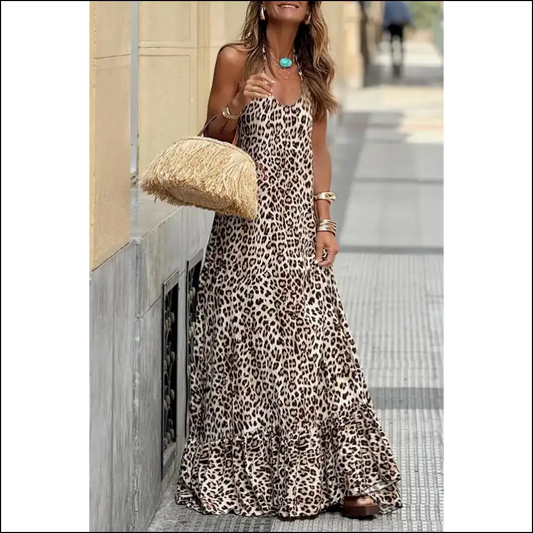 Brown Leopard Halter Neck Maxi Dress: i Feel Like Roar-ty 🐆 Needful Things - s - Dresses on Sale Worldwide Shipping