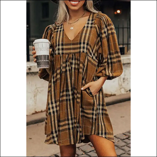 Brown Plaid Empire Dress: so You’ll Say! 😜 Needful Things - s - Short Dresses on Sale Worldwide Shipping