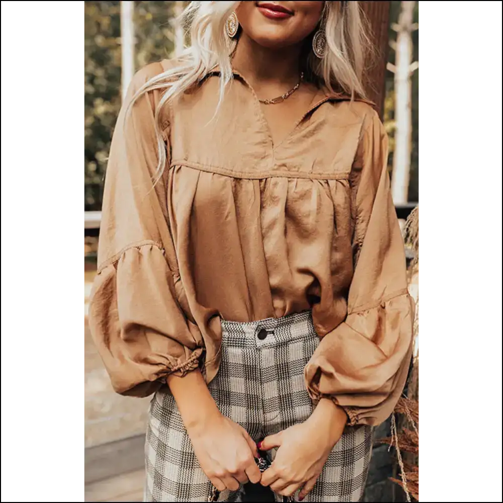 Brown Solid Color Lantern Sleeve: from Basic to Basic-witch! 🧙‍♀️ Needful Things - s - Blouses on Sale Worldwide Shipping