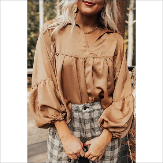 Brown Solid Color Lantern Sleeve: from Basic to Basic-witch! 🧙‍♀️ Needful Things - s - Blouses on Sale Worldwide Shipping