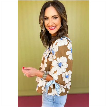 Brown Striped Floral Blouse: Instant Fabulousness! 🌼 Needful Things - Blouses on Sale Worldwide Shipping