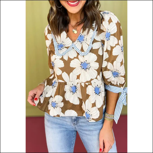 Brown Striped Floral Blouse: Instant Fabulousness! 🌼 Needful Things - s - Blouses on Sale Worldwide Shipping
