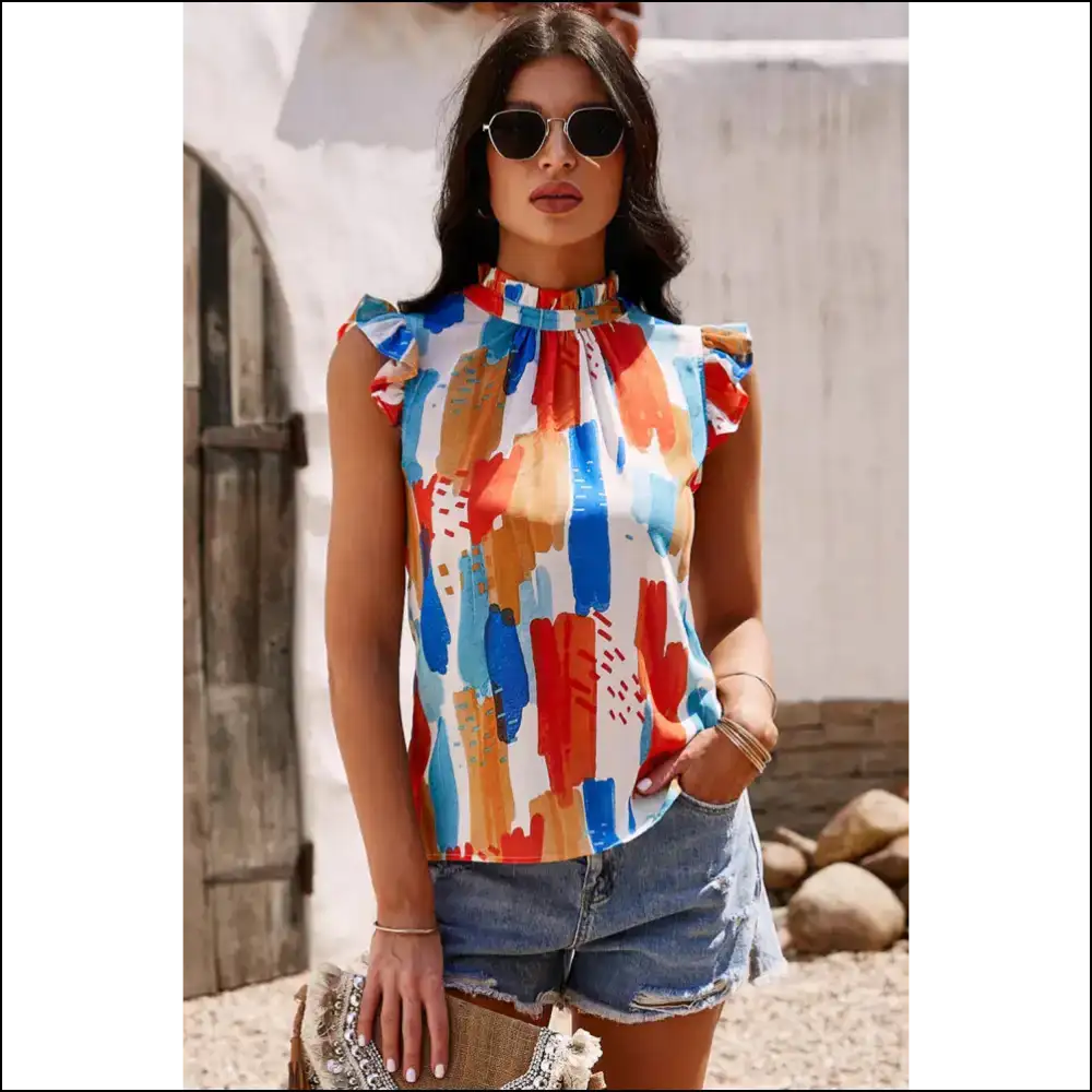 Brush Stroke Ruffle Shoulder Mock Neck Top - Multicolor / s - Blouses on Sale Worldwide Shipping