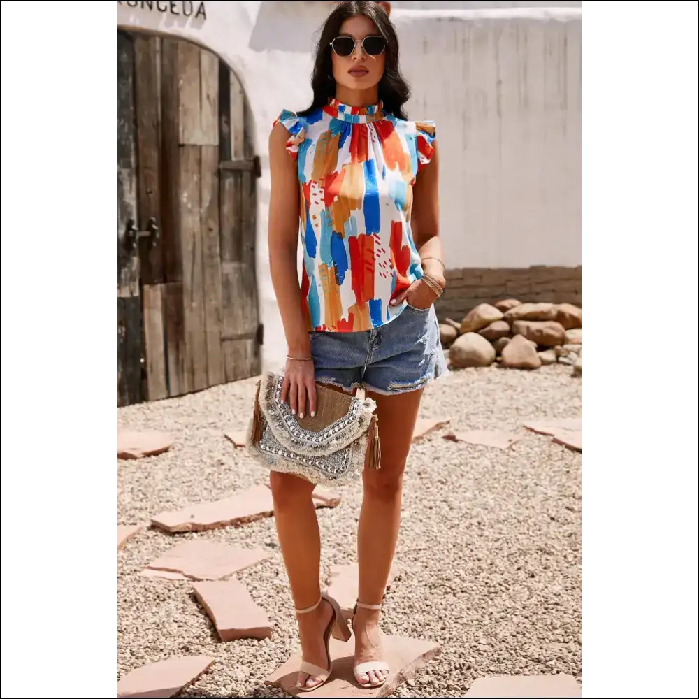 Brush Stroke Ruffle Shoulder Mock Neck Top - Blouses on Sale Worldwide Shipping