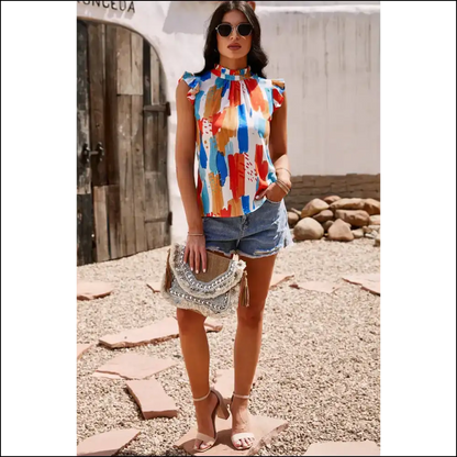Brush Stroke Ruffle Shoulder Mock Neck Top - Blouses on Sale Worldwide Shipping
