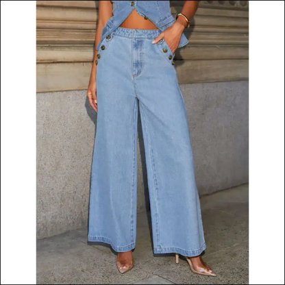 Button Decor High Rise Wide Leg Jeans: Unbutton your Fabulous Side! 😄 - Light / s - Jeans on Sale Worldwide Shipping