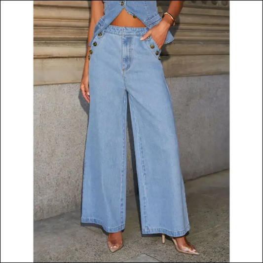 Button Decor High Rise Wide Leg Jeans: Unbutton your Fabulous Side! 😄 - Light / s - Jeans on Sale Worldwide Shipping