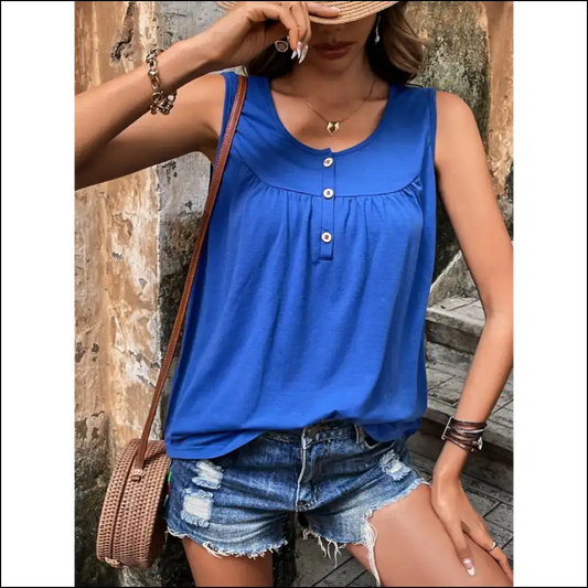 Button Detail Round Neck Tank Top - Royal Blue / s - Tops on Sale Worldwide Shipping
