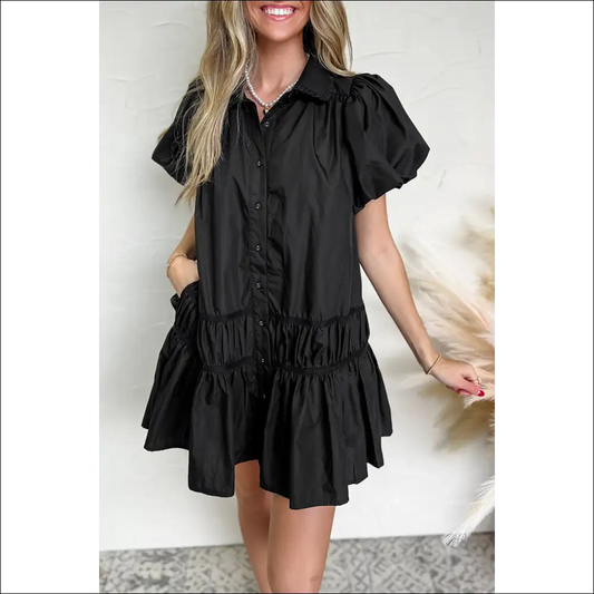 Button Down Puff Sleeve Ruffle Hem Dress - Dresses on Sale Worldwide Shipping