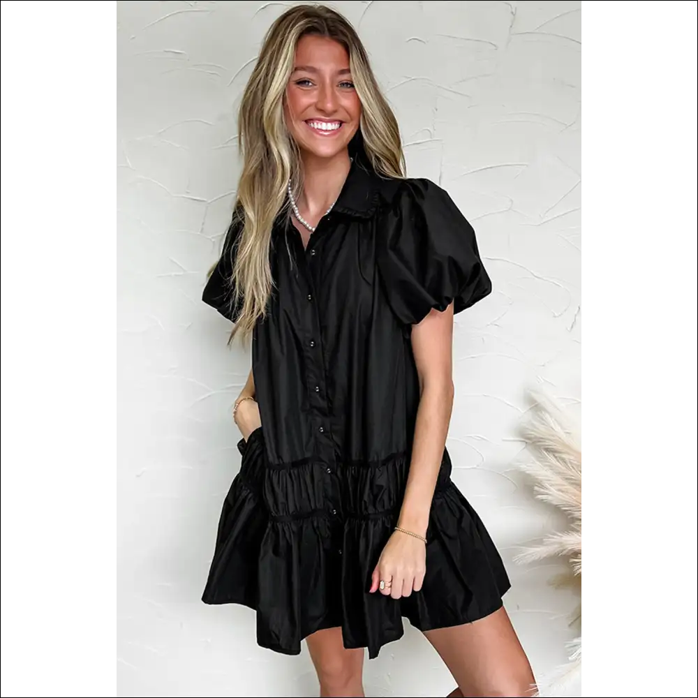 Button Down Puff Sleeve Ruffle Hem Dress - Dresses on Sale Worldwide Shipping