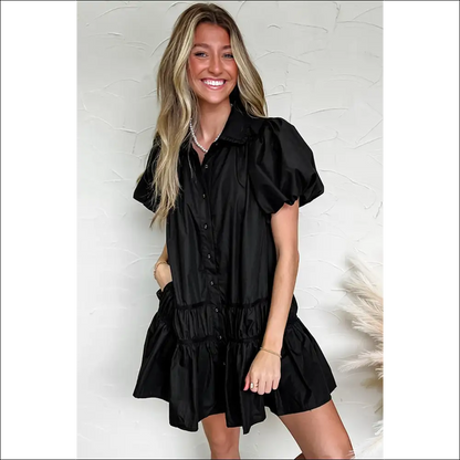 Button Down Puff Sleeve Ruffle Hem Dress - Dresses on Sale Worldwide Shipping