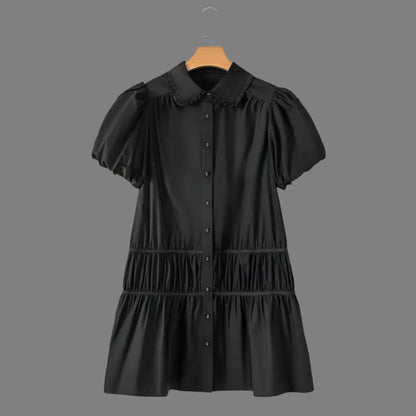 Button Down Puff Sleeve Ruffle Hem Dress - Black / m - Dresses on Sale Worldwide Shipping
