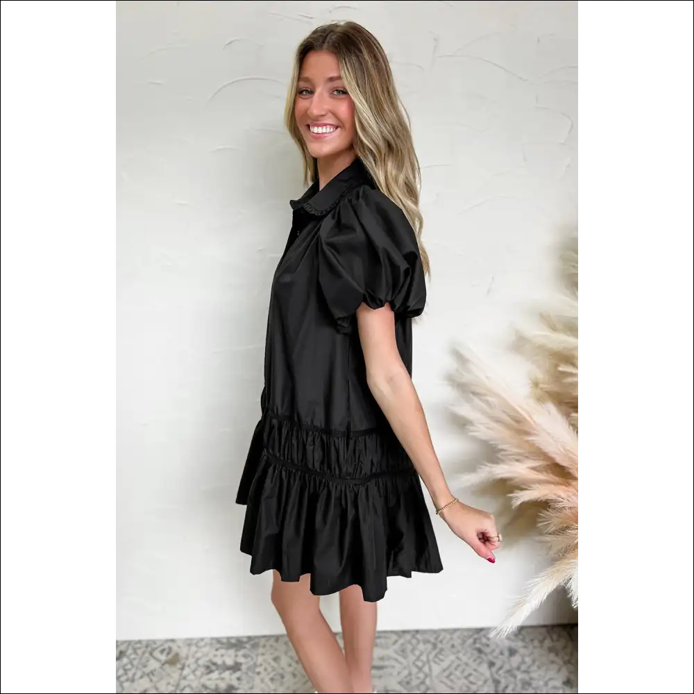 Button Down Puff Sleeve Ruffle Hem Dress - Dresses on Sale Worldwide Shipping