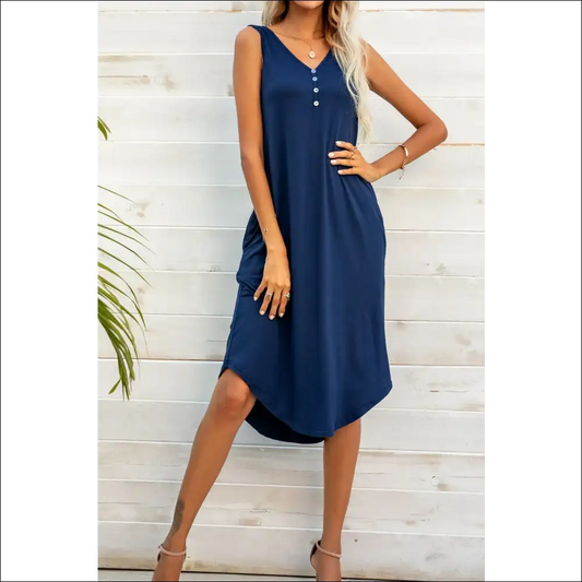 Chic Buttoned V-neck Curved Hem Sleeveless Dress - Dark Blue / 2xl - Dresses on Sale Worldwide Shipping