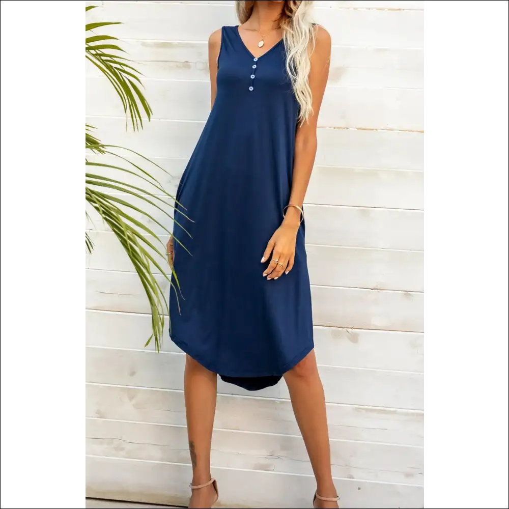 Chic Buttoned V-neck Curved Hem Sleeveless Dress - Dresses on Sale Worldwide Shipping