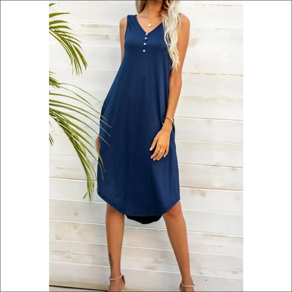 Chic Buttoned V-neck Curved Hem Sleeveless Dress - Dresses on Sale Worldwide Shipping