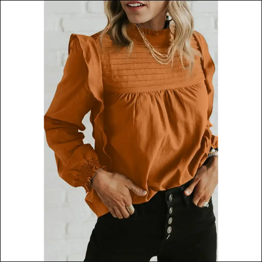 Camel Ruffle Long Sleeve Blouse: so Cute it Hurts (needful Things) 💀 - s - Blouses on Sale Worldwide Shipping