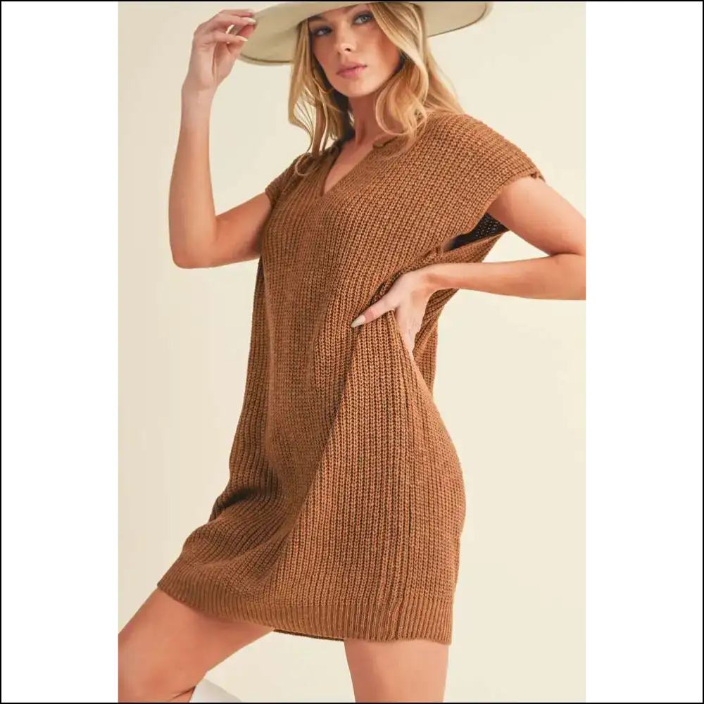 Camel v Neck Mini Sweater Dress: Needful Things’ Weather! 😈 - Short Dresses on Sale Worldwide Shipping