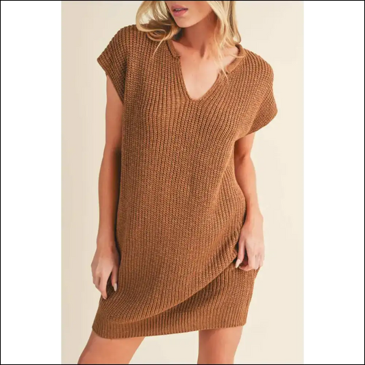 Camel v Neck Mini Sweater Dress: Needful Things’ Weather! 😈 - s - Short Dresses on Sale Worldwide Shipping