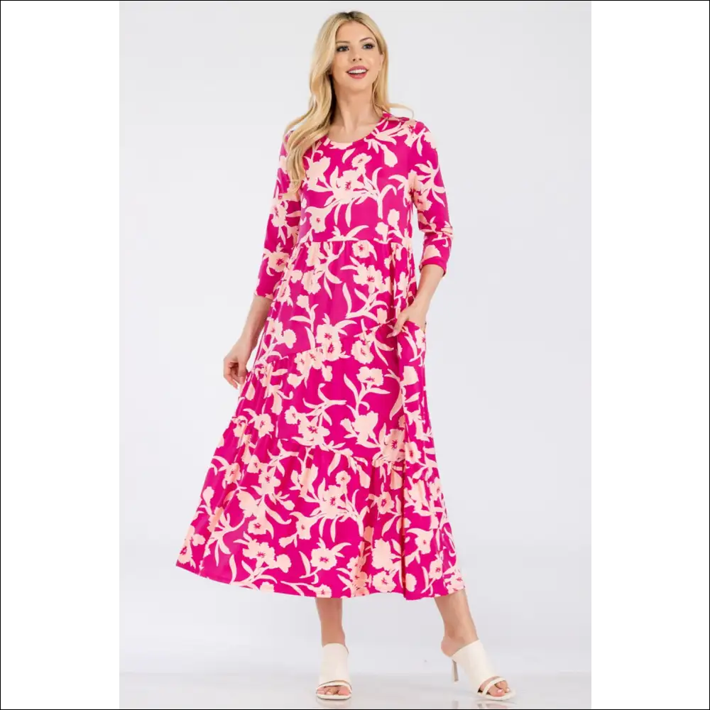 Celeste Floral Ruffle Hem Dress - Effortless Elegance - Fuchsia / m - Dresses on Sale Worldwide Shipping
