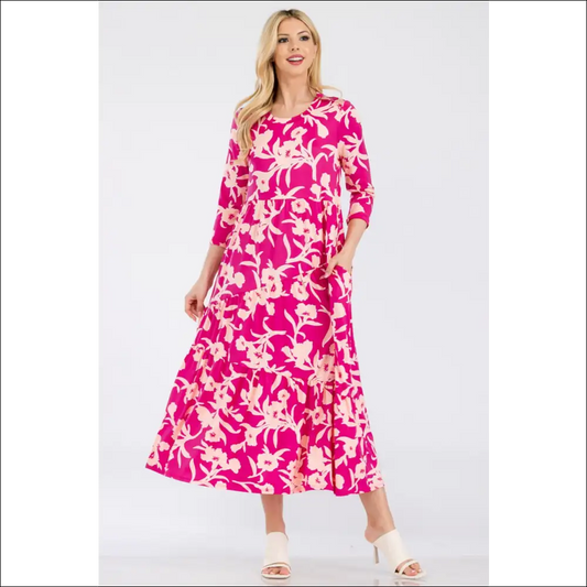 Celeste Floral Ruffle Hem Dress - Effortless Elegance - Fuchsia / m - Dresses on Sale Worldwide Shipping