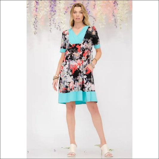 Celeste Floral Surplice Short Sleeve Plus Size Dress - Aqua / s - Dresses on Sale Worldwide Shipping