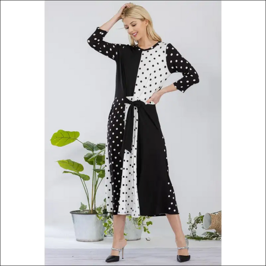 Celeste Polka Dot Front Tie Midi Dress - Black / s - Dresses on Sale Worldwide Shipping