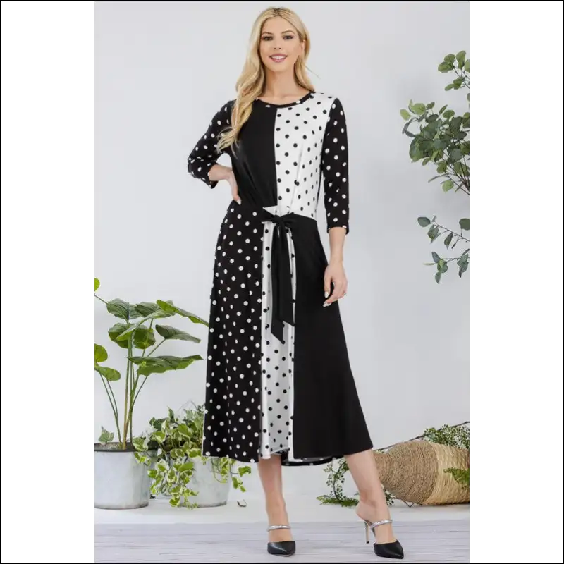 Celeste Polka Dot Front Tie Midi Dress - Dresses on Sale Worldwide Shipping