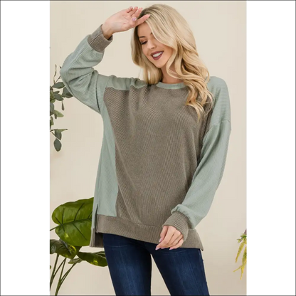 Celeste High-low Contrast Round Neck Sweatshirt - Sage / s - Sweatshirts & Hoodies on Sale Worldwide Shipping