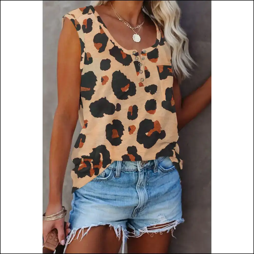 Cheetah Print Button Neck Tank: your New Wild Bestie from Needful Things 🐆 - Tank Tops on Sale Worldwide Shipping