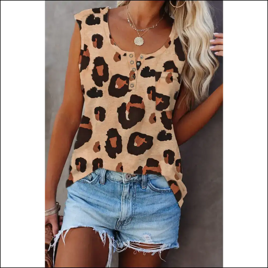 Cheetah Print Button Neck Tank: your New Wild Bestie from Needful Things 🐆 - Leopard / s - Tank Tops on Sale Worldwide Shipping