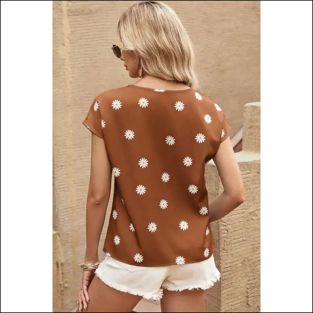 Chestnut Daisy Print Batwing Blouse Sunny Hug - Blouses on Sale Worldwide Shipping