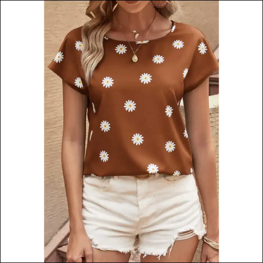 Chestnut Daisy Print Batwing Blouse Sunny Hug - s - Blouses on Sale Worldwide Shipping