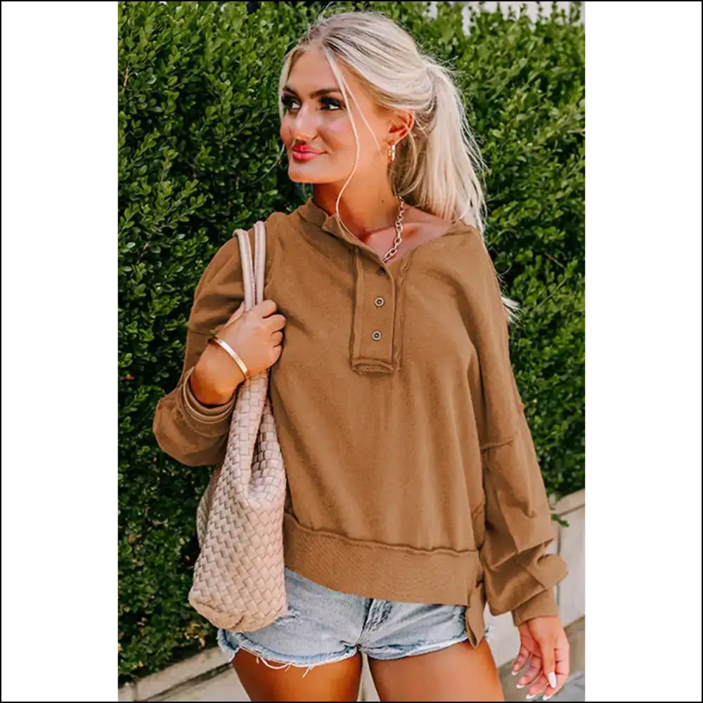 Chestnut Slouchy Henley: so Cozy Youll Ghost your Ex 👻 Needful Things - Sweatshirts & Hoodies on Sale Worldwide Shipping