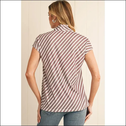 Chestnut Stripe V-neck Cap Sleeve Blouse: Dress Like you Own the Bank 💰 - Blouses on Sale Worldwide Shipping