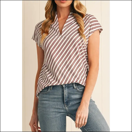 Chestnut Stripe V-neck Cap Sleeve Blouse: Dress Like you Own the Bank 💰 - s - Blouses on Sale Worldwide Shipping