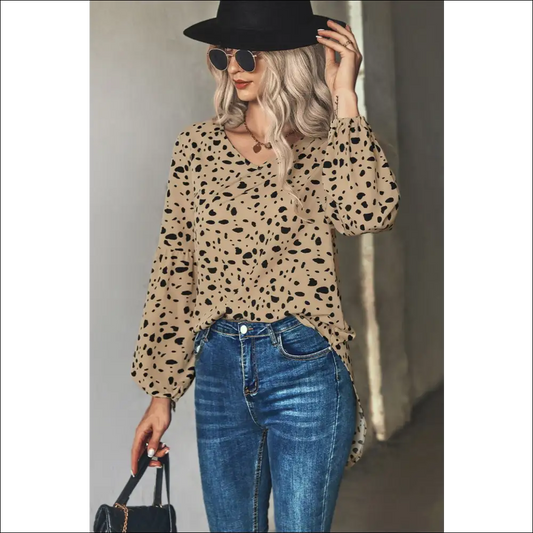 Chic Animal Print V-neck High-low Blouse - Khaki / m - Blouses on Sale Worldwide Shipping