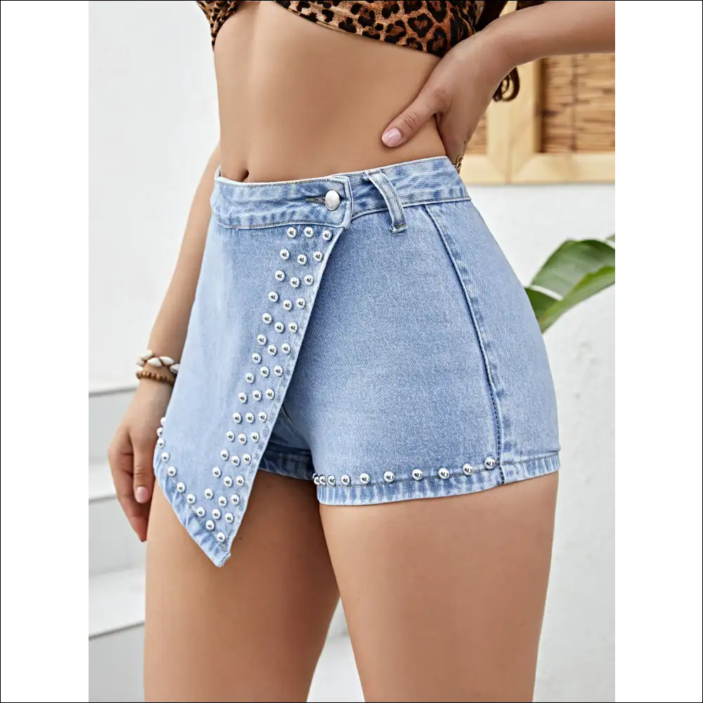 Chic Asymmetrical Studded Denim Shorts - on Sale Worldwide Shipping