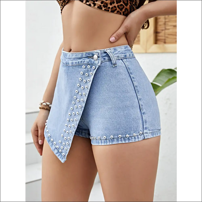 Chic Asymmetrical Studded Denim Shorts - on Sale Worldwide Shipping