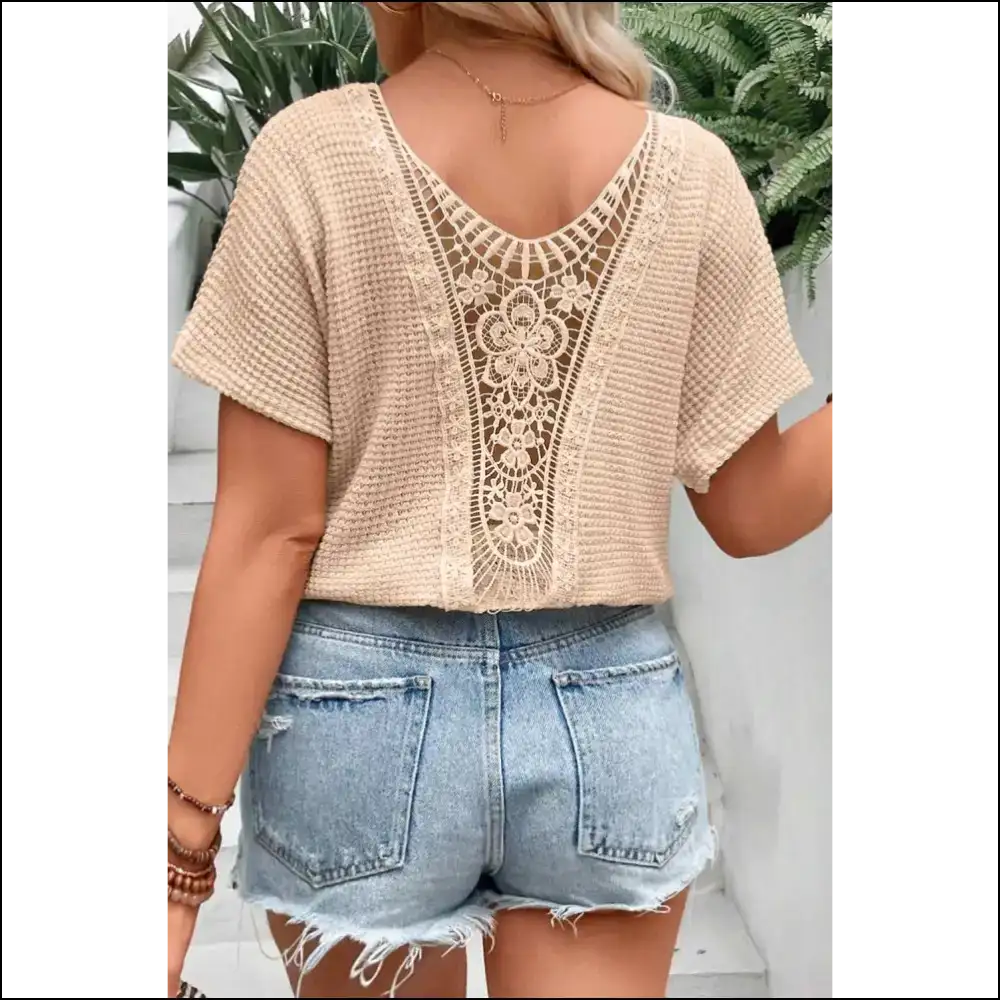Chic Beige Hollowed Lace Applique Wfle Tee: so Comfy! 💀 Needful Things - 1x - Plus Size Tops on Sale Worldwide Shipping