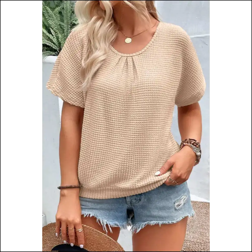 Chic Beige Hollowed Lace Applique Wfle Tee: so Comfy! 💀 Needful Things - Plus Size Tops on Sale Worldwide Shipping
