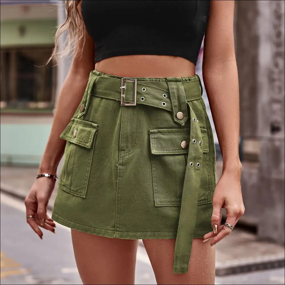 Chic Belted Denim Shorts with Pockets - Moss / l - on Sale Worldwide Shipping